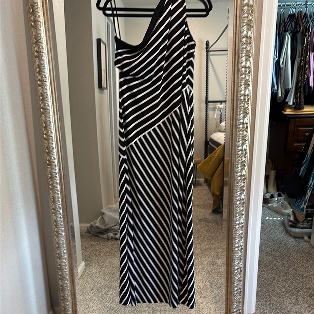 Ralph Lauren One-Shoulder Striped Dress in Black and White